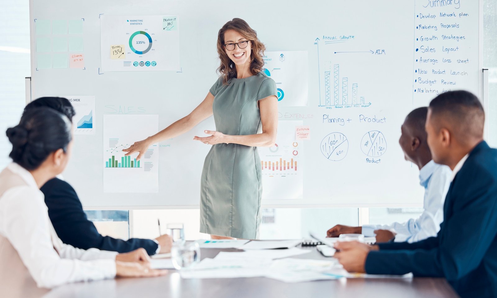 Business woman, leadership and coaching on whiteboard for marketing strategy, meeting or presentati